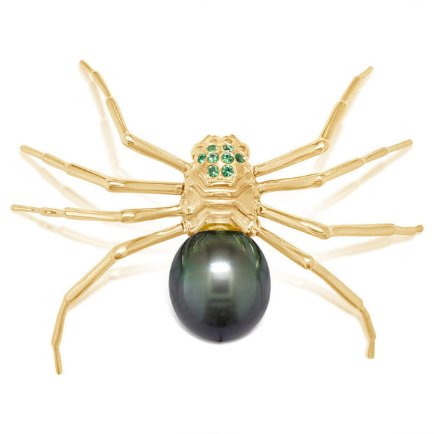 14K Yellow Gold Tahitian Pearl/Tsavorite Spider Lapel Pin with Yellow Plated Post-Back