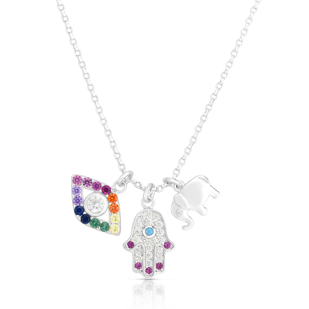 Silver Rainbow CZ Charm Dangle Necklace