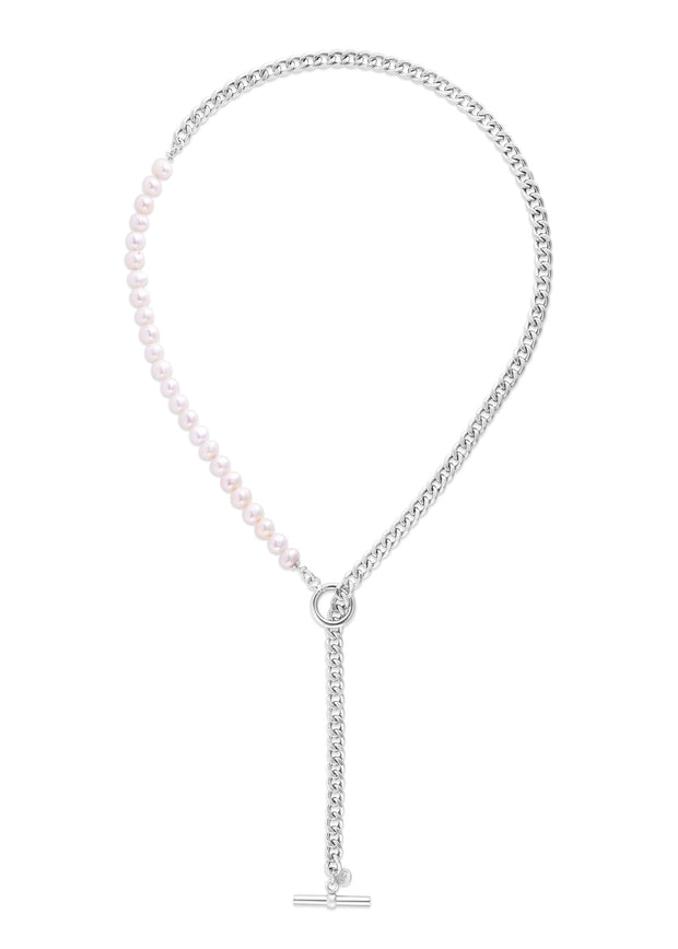 Silver Pearl Paperclip toggle Necklace
