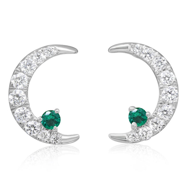 14K White Gold Emerald/Diamond Moon Earrings
