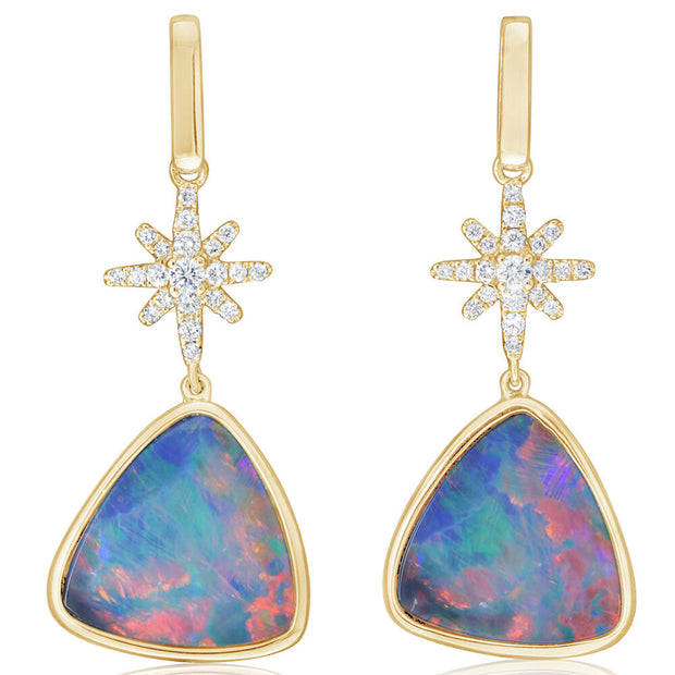 14K Yellow Gold Australian Opal Doublet/Diamond Star Earrings