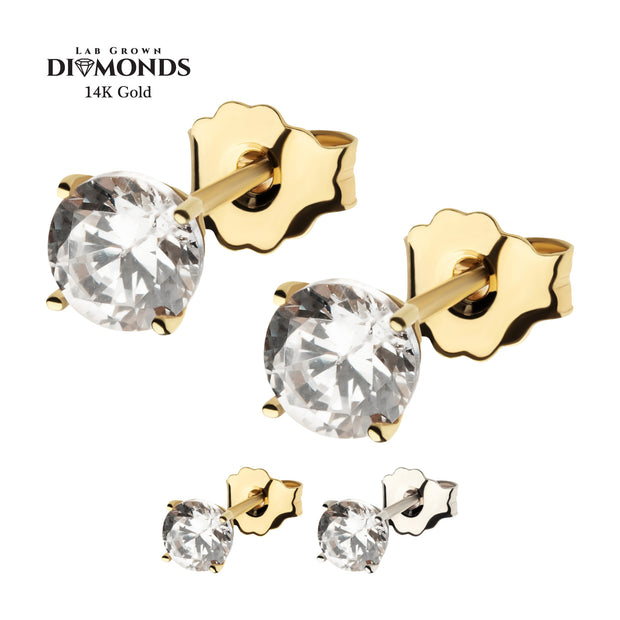 20g 14Kt Gold Stud Earrings with 4-Prong Lab-Grown Diamond & Butterfly Back