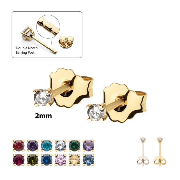 20g 14Kt Gold Birthstone Stud Earrings with 2mm 4-Prong Gem, Double Notch Post & Butterfly Back