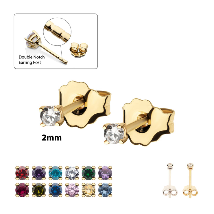20g 14Kt Gold Birthstone Stud Earrings with 2mm 4-Prong Gem, Double Notch Post & Butterfly Back