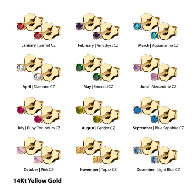 20g 14Kt Gold Birthstone Stud Earrings with 2mm 4-Prong Gem, Double Notch Post & Butterfly Back