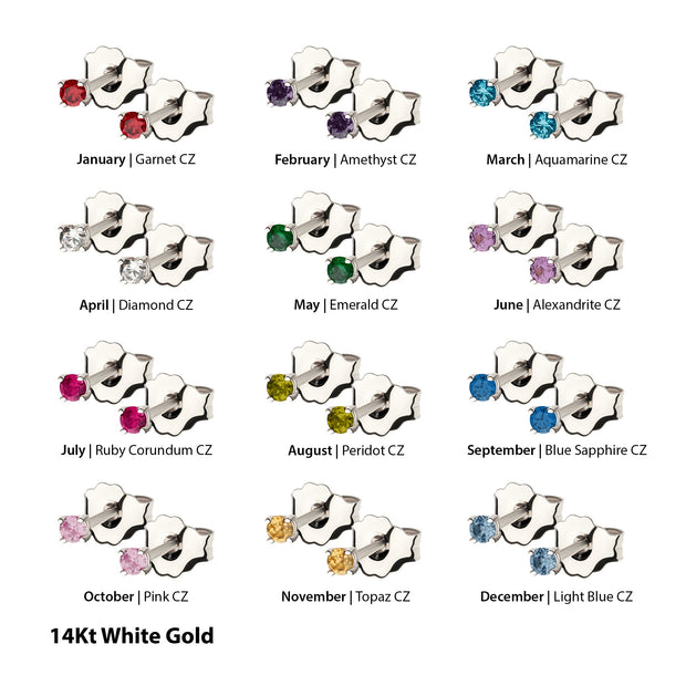 20g 14Kt Gold Birthstone Stud Earrings with 2mm 4-Prong Gem, Double Notch Post & Butterfly Back