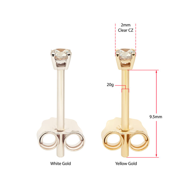 20g 14Kt Gold Birthstone Stud Earrings with 2mm 4-Prong Gem, Double Notch Post & Butterfly Back