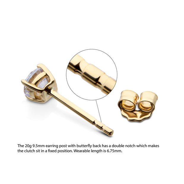 20g 14Kt Gold Birthstone Stud Earrings with 2mm 4-Prong Gem, Double Notch Post & Butterfly Back