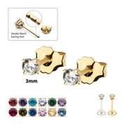 20g 14Kt Gold Birthstone Stud Earrings with 3mm 4-Prong Gem, Double Notch Post & Butterfly Back