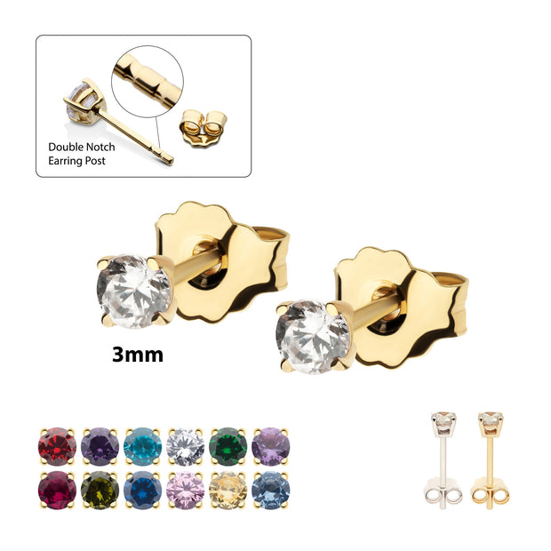 20g 14Kt Gold Birthstone Stud Earrings with 3mm 4-Prong Gem, Double Notch Post & Butterfly Back