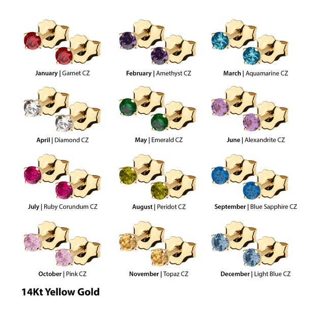 20g 14Kt Gold Birthstone Stud Earrings with 3mm 4-Prong Gem, Double Notch Post & Butterfly Back