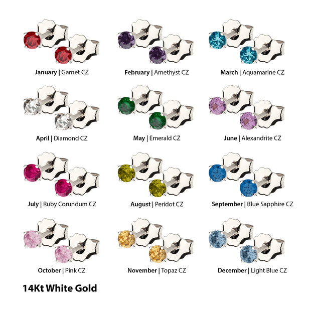 20g 14Kt Gold Birthstone Stud Earrings with 3mm 4-Prong Gem, Double Notch Post & Butterfly Back