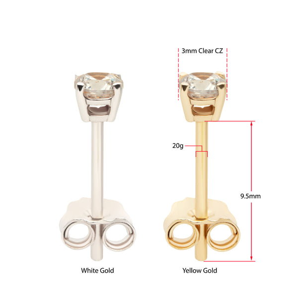 20g 14Kt Gold Birthstone Stud Earrings with 3mm 4-Prong Gem, Double Notch Post & Butterfly Back