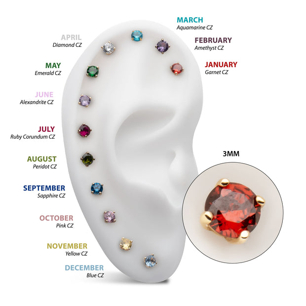 20g 14Kt Gold Birthstone Stud Earrings with 3mm 4-Prong Gem, Double Notch Post & Butterfly Back