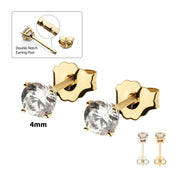 20g 14Kt Gold Stud Earrings with 4mm 4-Prong Gem, Double Notch Post & Butterfly Back