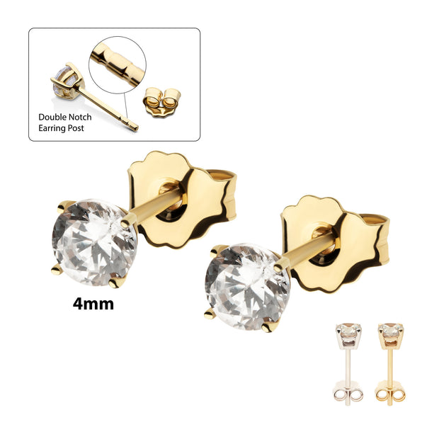 20g 14Kt Gold Stud Earrings with 4mm 4-Prong Gem, Double Notch Post & Butterfly Back