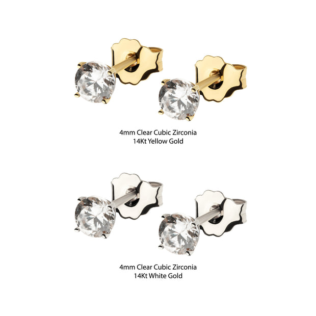 20g 14Kt Gold Stud Earrings with 4mm 4-Prong Gem, Double Notch Post & Butterfly Back