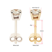 20g 14Kt Gold Stud Earrings with 4mm 4-Prong Gem, Double Notch Post & Butterfly Back