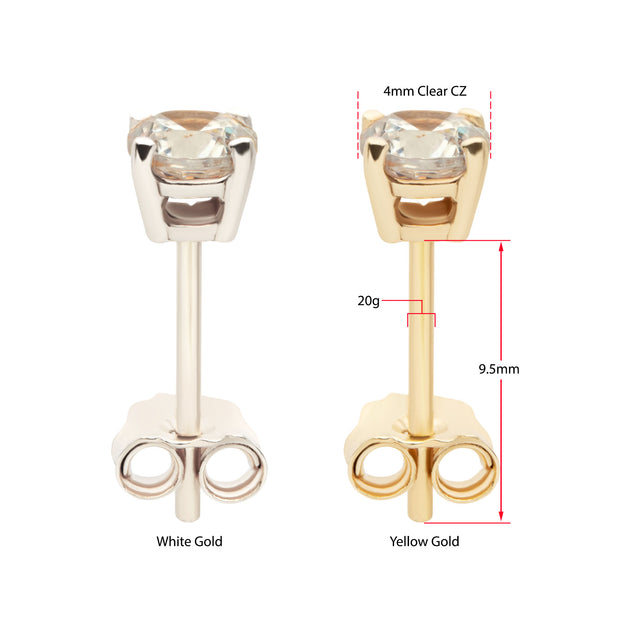 20g 14Kt Gold Stud Earrings with 4mm 4-Prong Gem, Double Notch Post & Butterfly Back