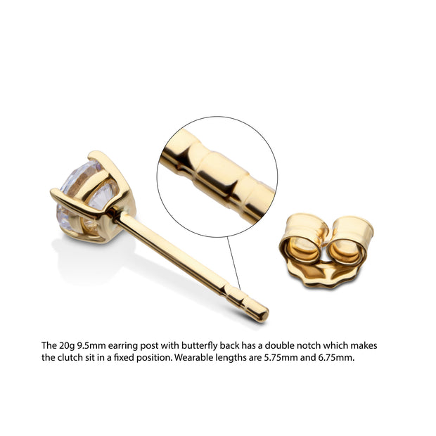 20g 14Kt Gold Stud Earrings with 4mm 4-Prong Gem, Double Notch Post & Butterfly Back