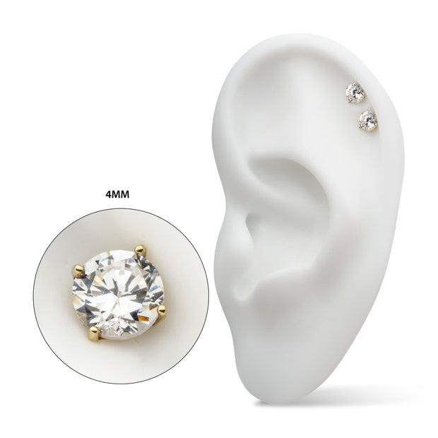20g 14Kt Gold Stud Earrings with 4mm 4-Prong Gem, Double Notch Post & Butterfly Back
