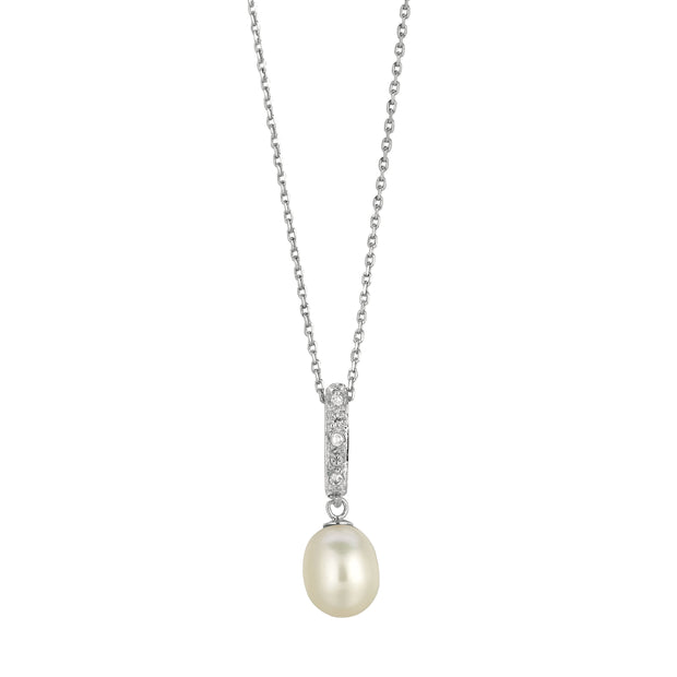 Silver Freshwater Pearl and CZ Drop Necklace