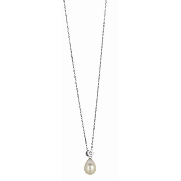 Silver Freshwater Pearl and Bezel Set CZ Necklace