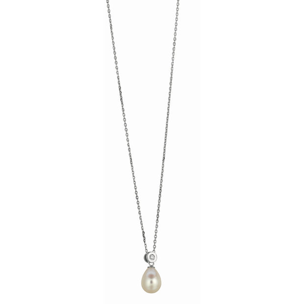 Silver Freshwater Pearl and Bezel Set CZ Necklace