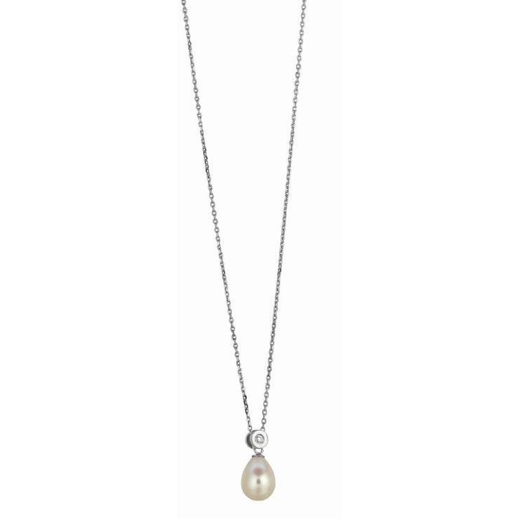 Silver Freshwater Pearl and Bezel Set CZ Necklace