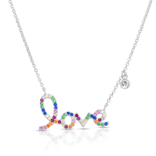 Silver Rainbow CZ Script Love Necklace