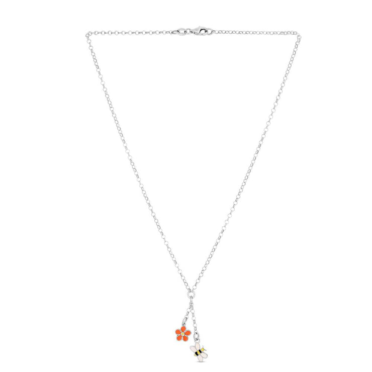 Silver Enamel Flower Lariat Necklace
