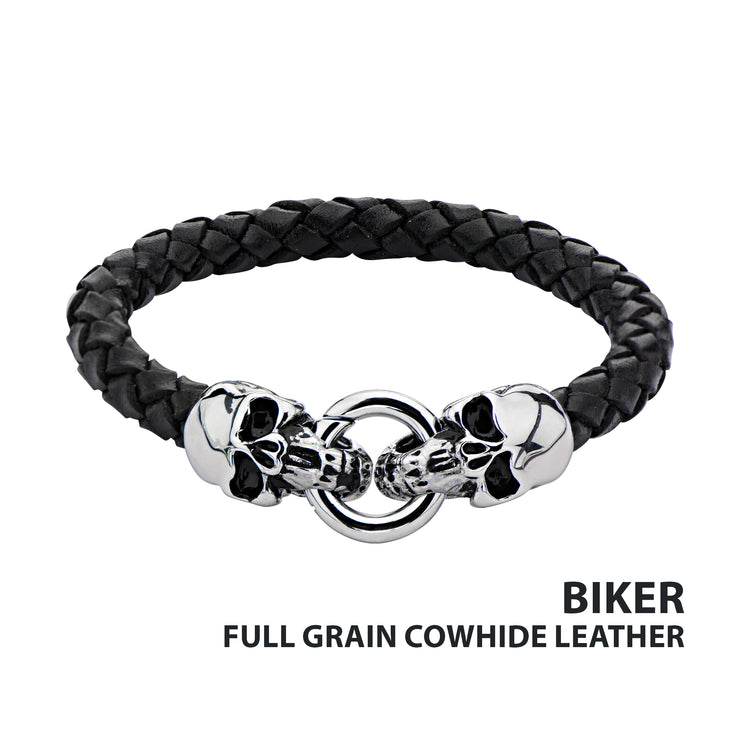 Black Leather with Skulls Bracelet