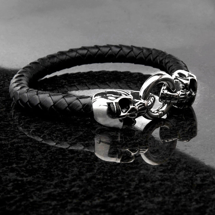 Black Leather with Skulls Bracelet
