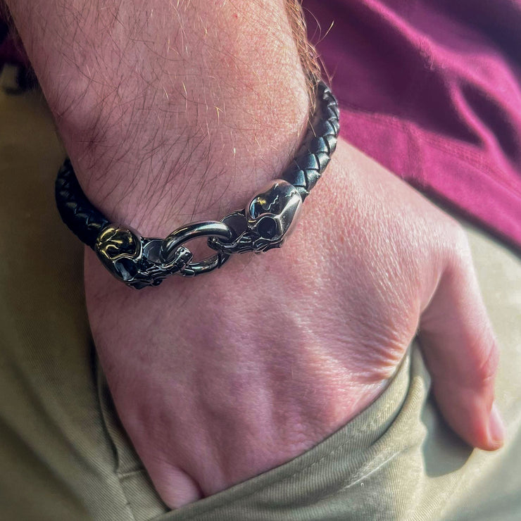 Black Leather with Skulls Bracelet