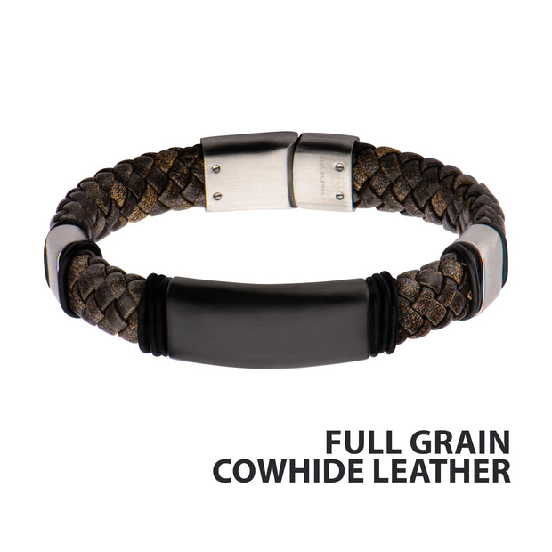 Brown Braided Full Grain Cowhide Leather Steel Clasp Bracelet