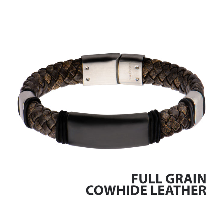 Brown Braided Full Grain Cowhide Leather Steel Clasp Bracelet