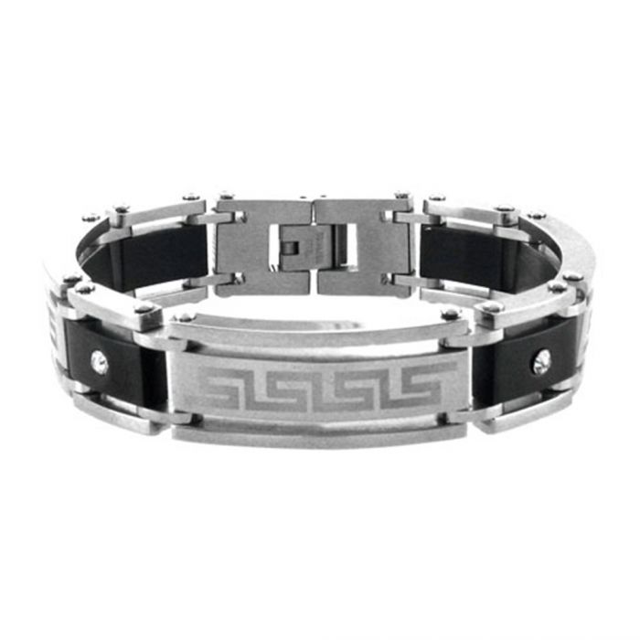 Steel & Black IP Bracelet with Greek Key Pattern