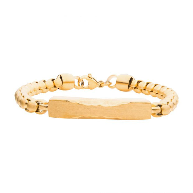 Matte 18Kt Gold IP Chiseled Engravable Drop with Bold Box Chain Bracelet