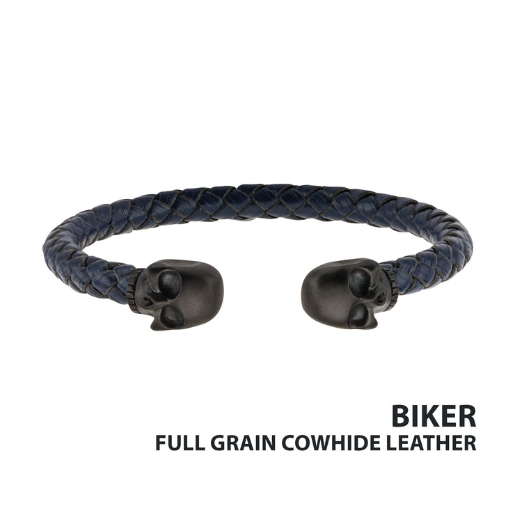 Blue Leather with Black IP Skull Cuff Bracelet