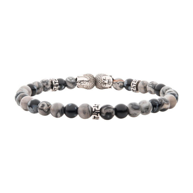 Steel Buddha Head Beads with Genuine Snowflake Obsidian Stone Beads