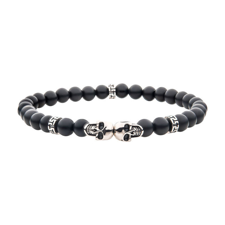 Steel Skull Beads with Genuine Black Agate Stone Beads Bracelet