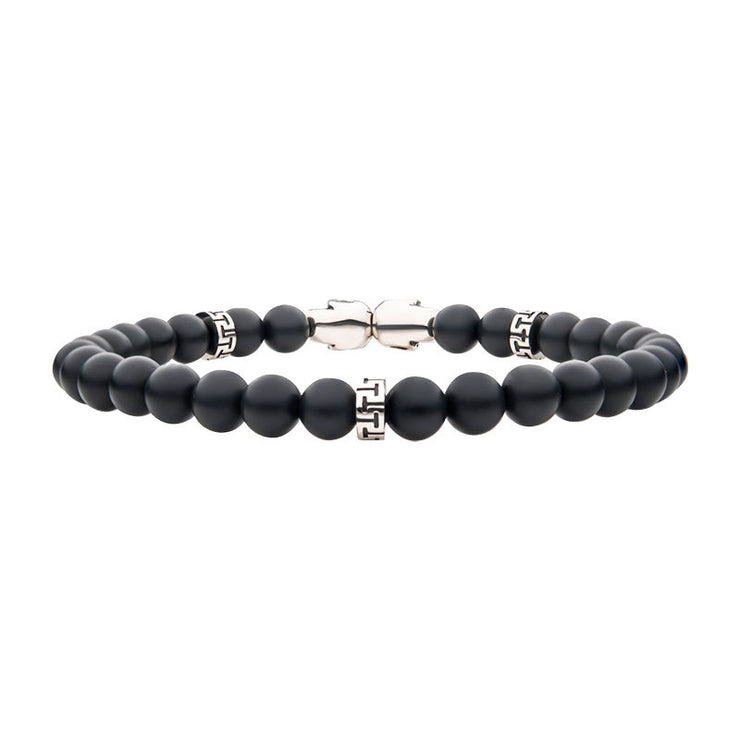 Steel Skull Beads with Genuine Black Agate Stone Beads Bracelet