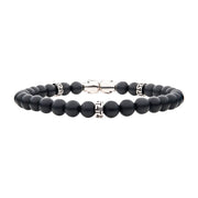 Steel Skull Beads with Genuine Black Agate Stone Beads Bracelet
