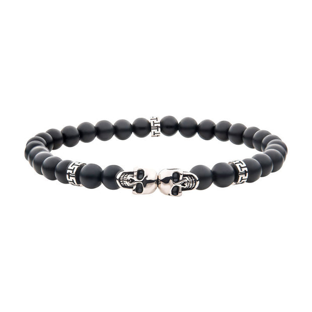 Steel Skull Beads with Genuine Black Agate Stone Beads Bracelet