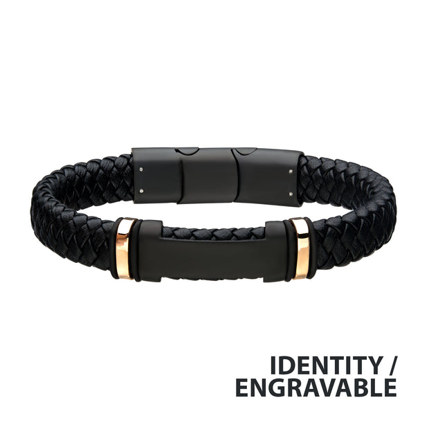 Black Leather with Rose Gold IP ID Bracelet