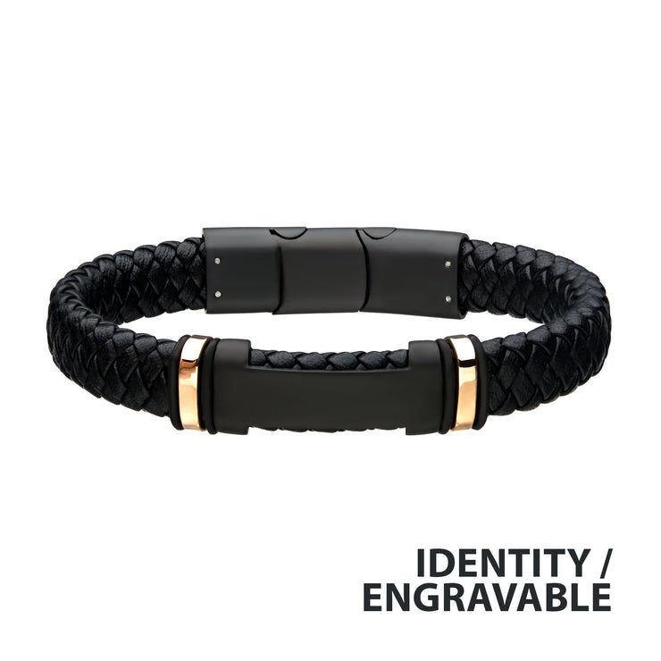 Black Leather with Rose Gold IP ID Bracelet