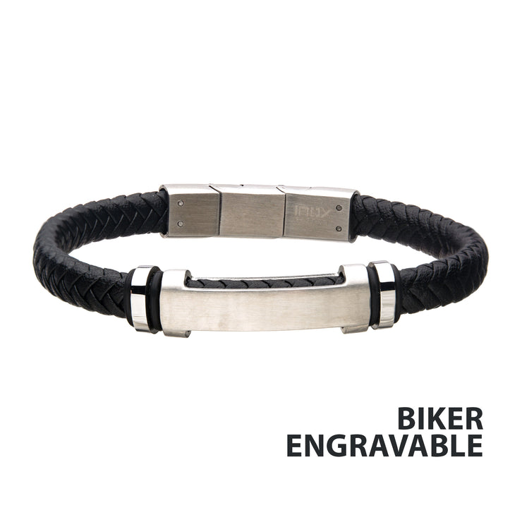 Black Leather with Stainless Steel Beads & Engravable ID Bracelet