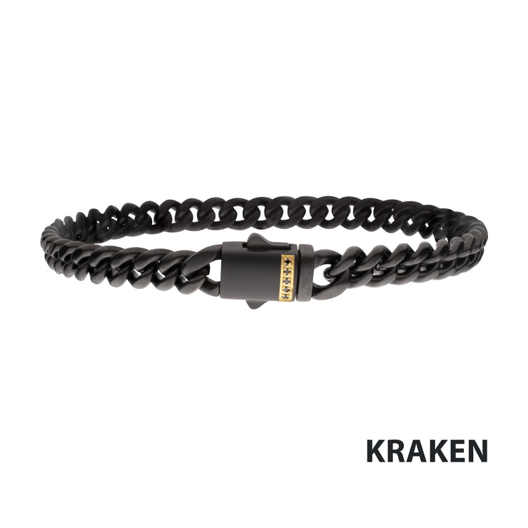 8mm Black IP Steel Matte Finish Miami Cuban Chain Bracelet with Genuine Black Sapphire Gem