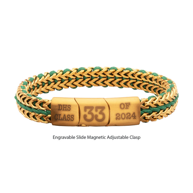 Matte Finish Gold IP Stainless Steel Foxtail Chain with Richer Green Wax Cord Bracelet