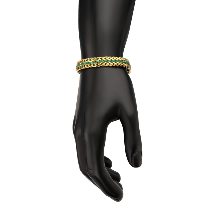 Matte Finish Gold IP Stainless Steel Foxtail Chain with Richer Green Wax Cord Bracelet